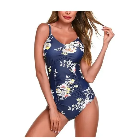 Ekouaer Women's Floral One-Piece Swimsuit Medium Multicolor Ruched - Picture 2 of 2